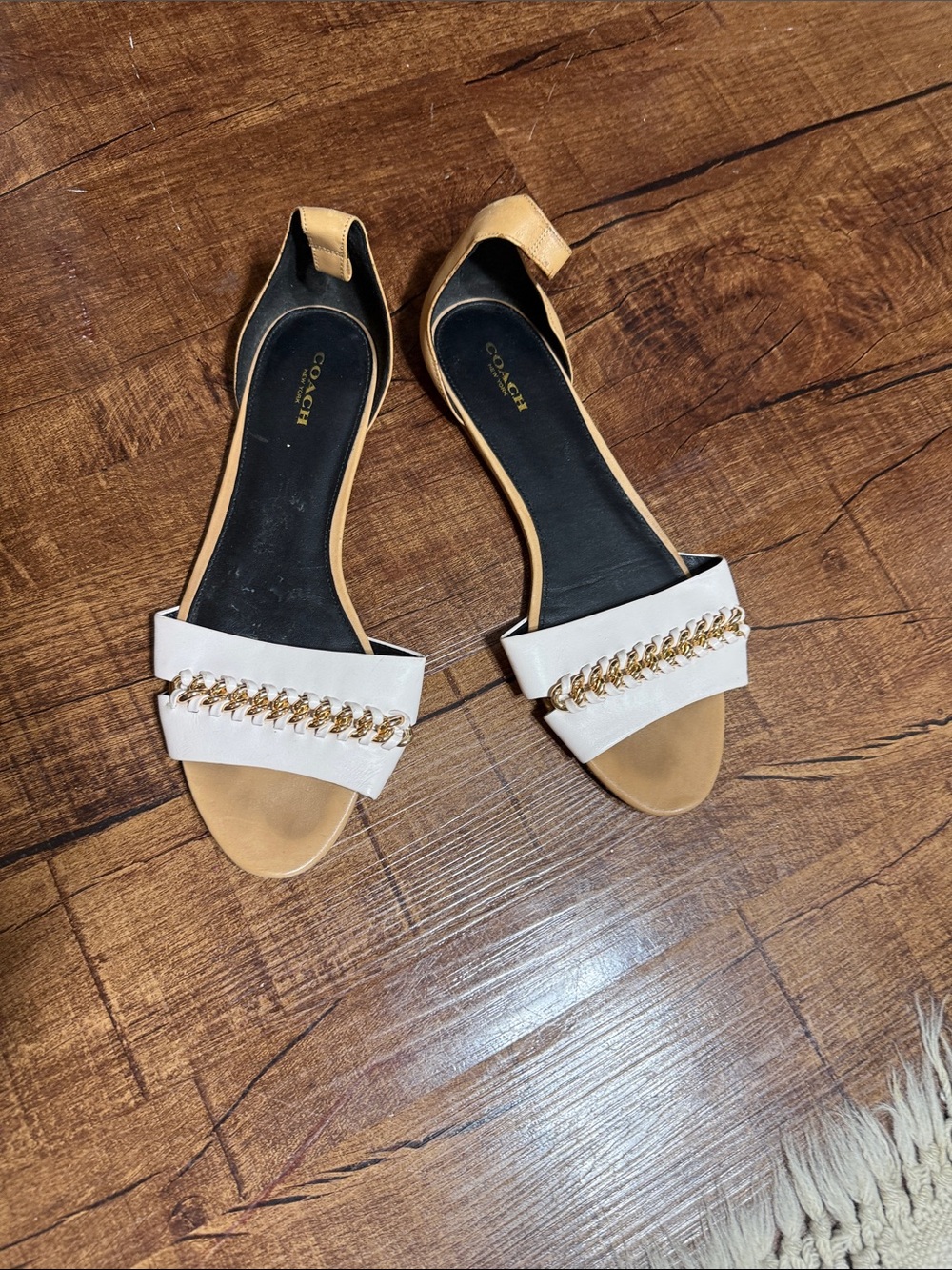 Coach Two-Tone White and Tan Flat Sandals with Gold Chain